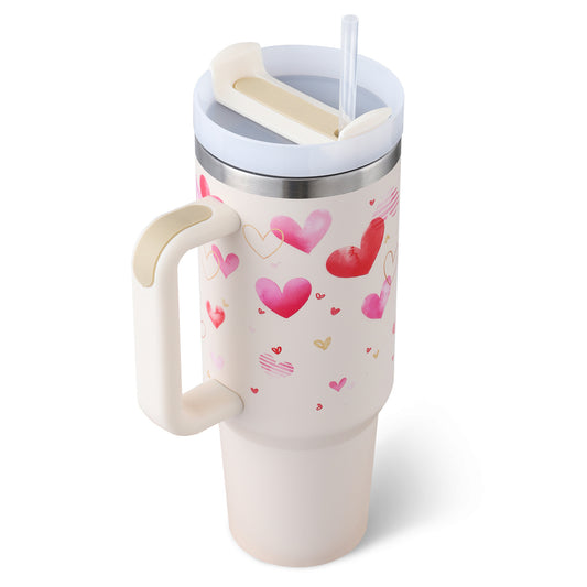 DecoRight 40oz Insulated Tumbler with Handle & Straw | Spill Proof Stainless Steel Mug