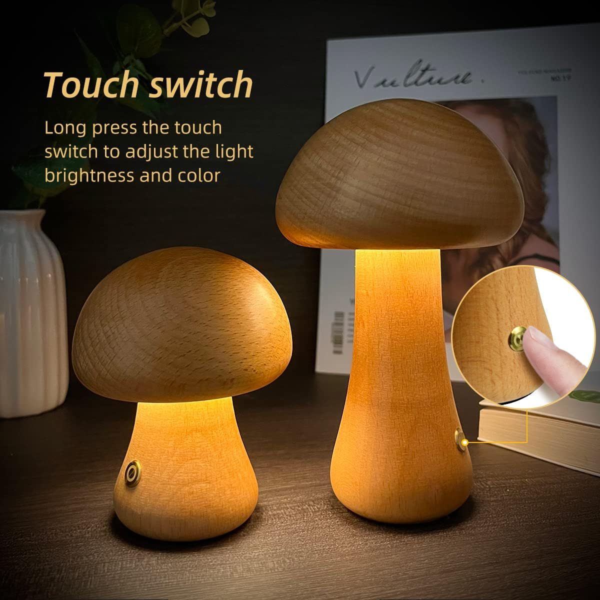 Wooden Mushroom LED Night Light with Touch Switch for Bedroom Decor | DecoRight