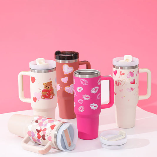 DecoRight 40oz Insulated Tumbler with Handle & Straw | Spill Proof Stainless Steel Mug